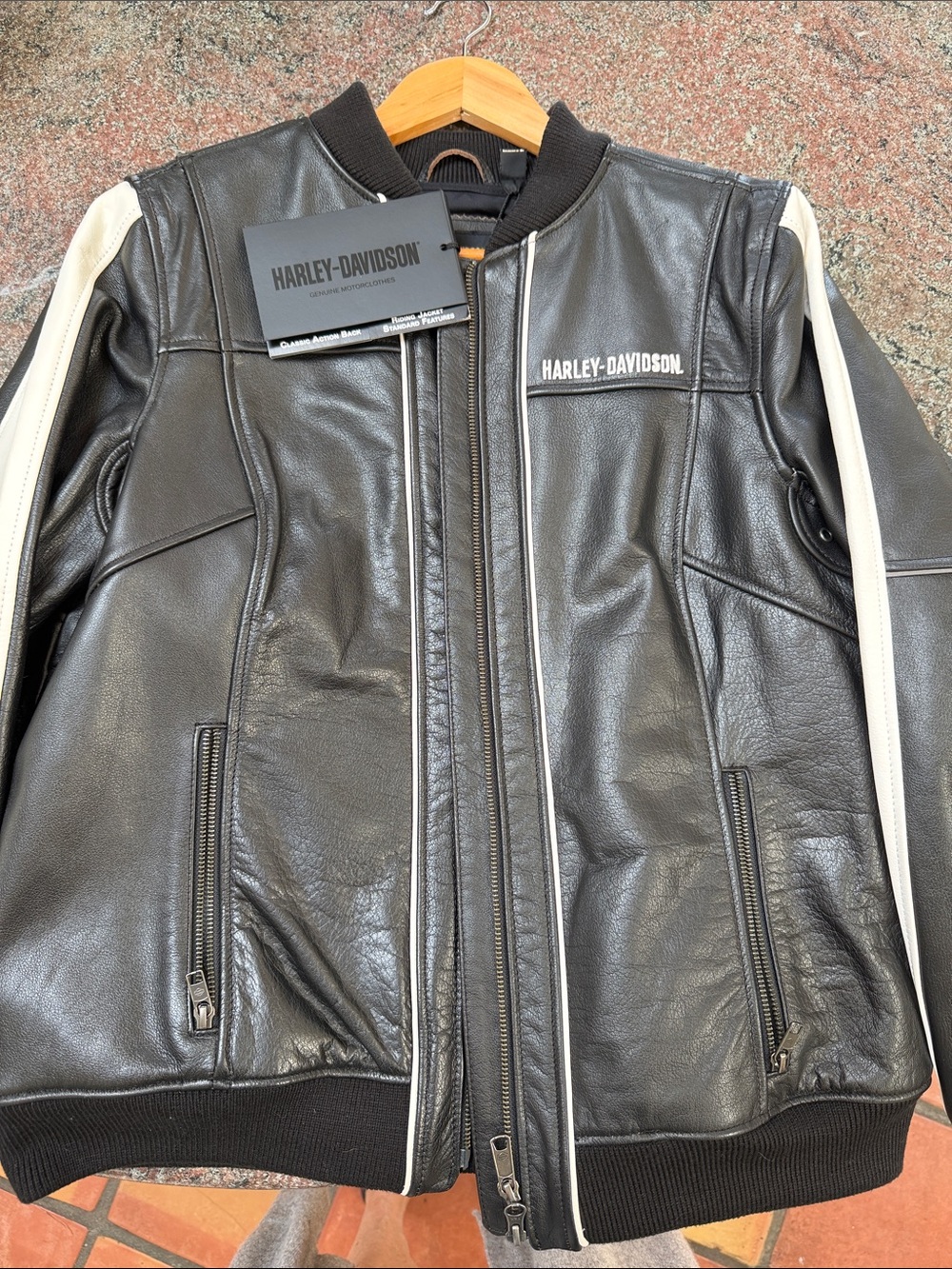 Harley-Davidson Black Leather Bomber Jacket with Cream Sleeve Stripes